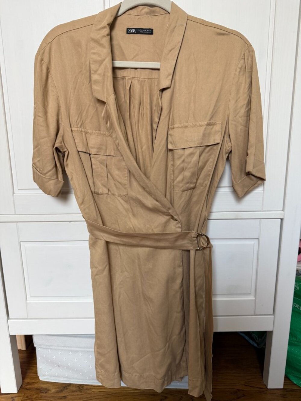 ZARA Safari Shirt Dress Tan Khaki Belted Wrap Size S